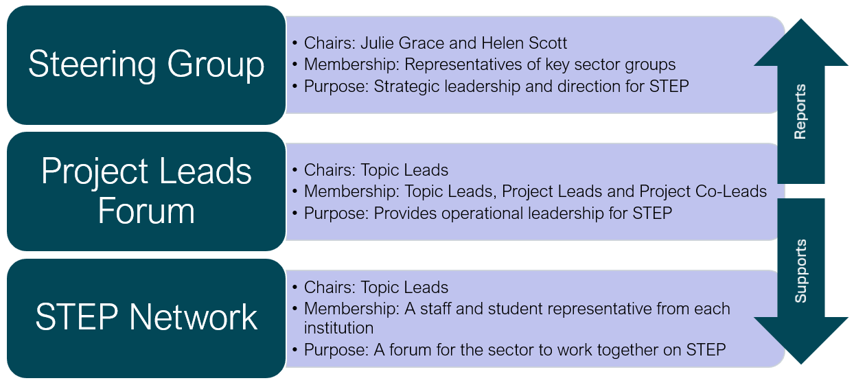 A diagram illustrating the relationships between the Steering Group, Project Leads Forum and STEP Network